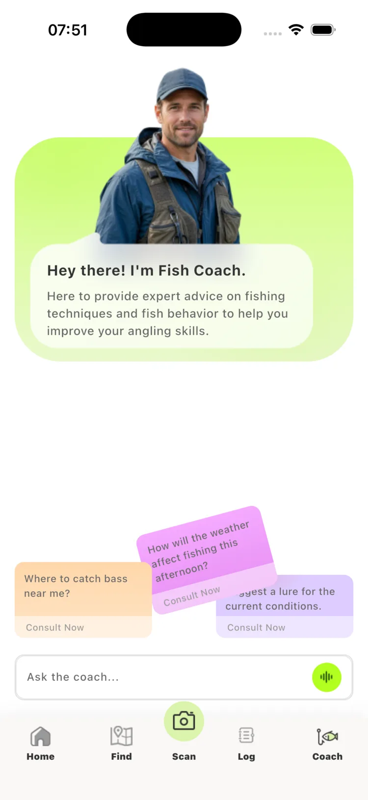 FishMind AI Fish Coach chat answering questions about lures, weather and where to catch bass