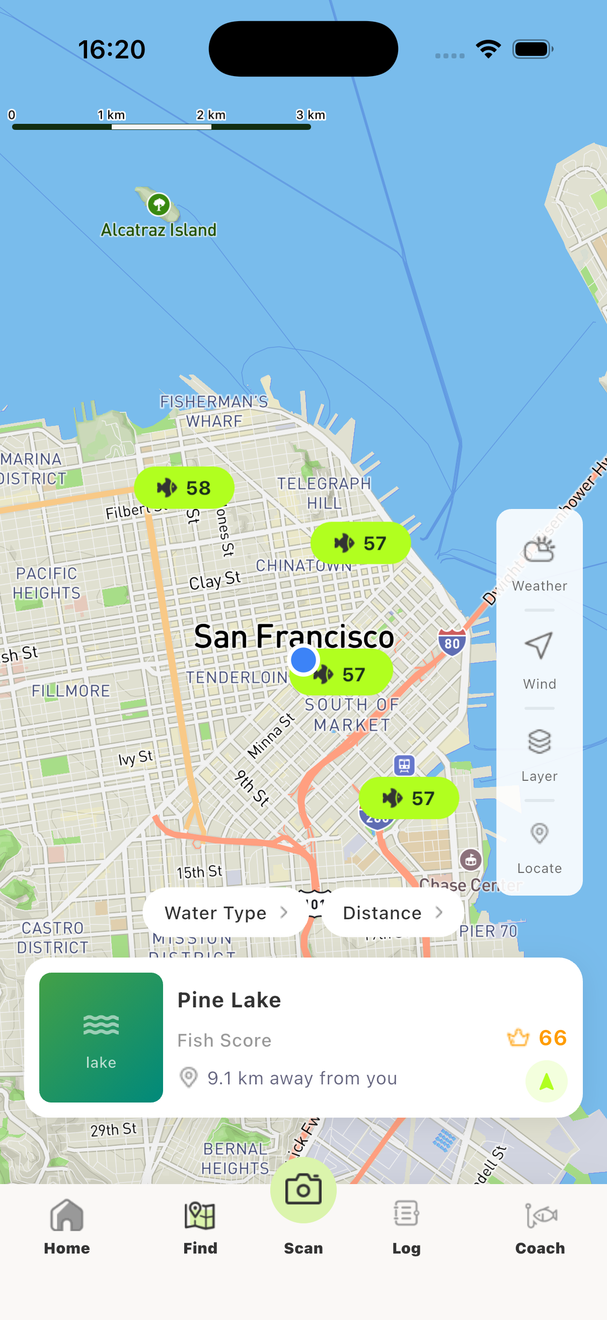 FishMind AI spot map showing nearby fishing locations with scores, water types and distance