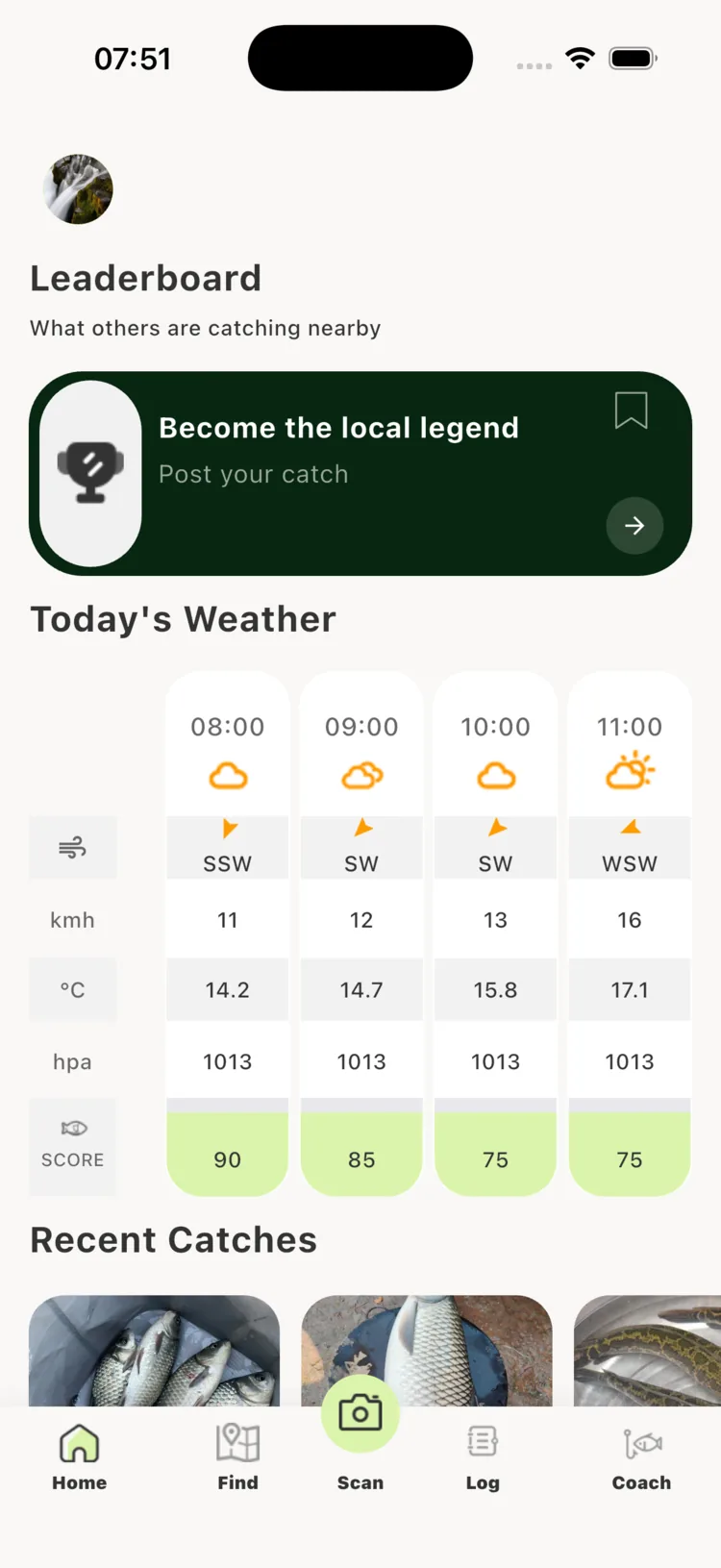 FishMind AI home screen showing the local leaderboard, hourly weather table with bite score, and recent catches