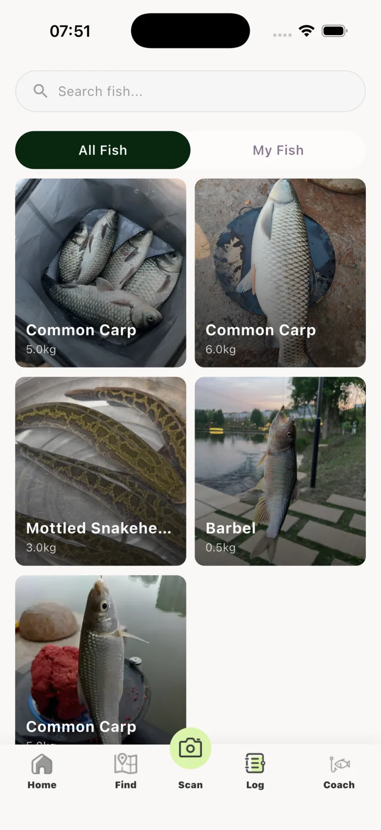 FishMind AI catch log screen for recording catches with species, photo and stats
