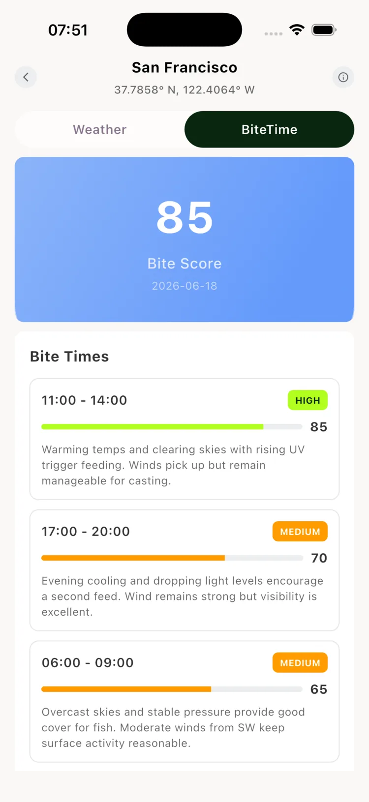 FishMind AI Bite Score screen showing a daily score of 85 and HIGH and MEDIUM bite-time windows with AI forecasts